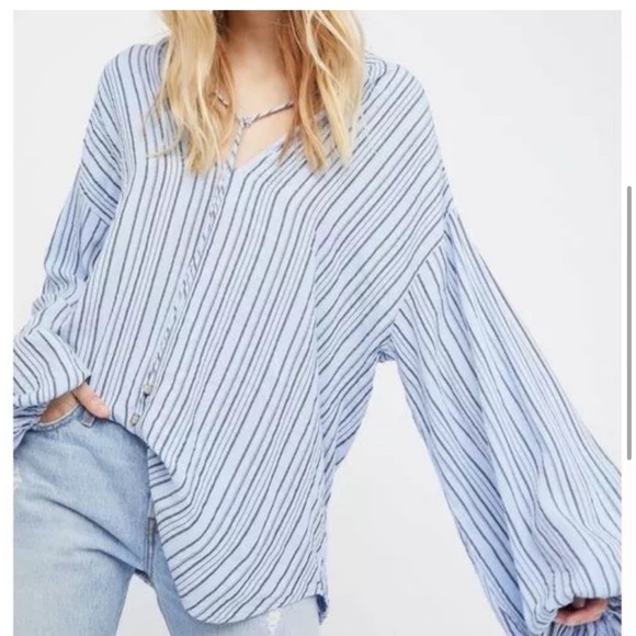 Free People Rhythm of the Night Blue and Black Striped Oversized Tunic Top - Picture 5 of 7